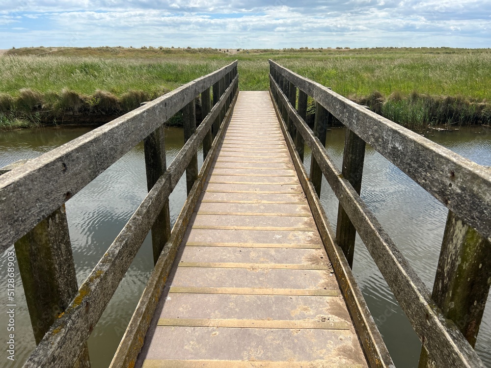 Beautiful landscape with wood bridge over waterway with reeds and sand path at nature reserve by the beach on East Anglia uk coastline at Walberswick Suffolk on Summer day with blue sky white cloud