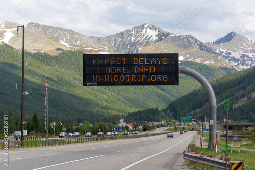 Expect Delays Highway Sign on Interstate 70 in the Rocky Mountains of Colorado photo