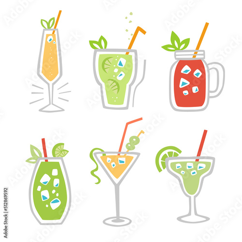 Classic cocktails vector set. Stylized drinks