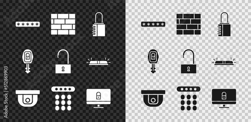 Set Password protection, Bricks, Safe combination lock, Motion sensor, Lock computer monitor, Car key with remote and Open padlock icon. Vector