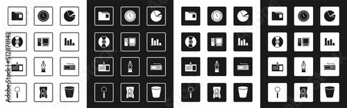 Set Pie chart infographic, Computer monitor, CD DVD disk, Document folder, Clock, Keyboard and Identification badge icon. Vector