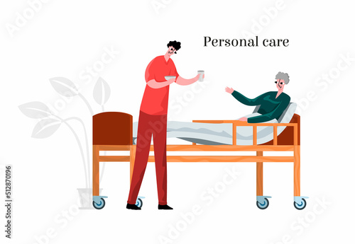Vector simple flat isolated illustration with an elderly care service. It depicts young employee in nursing home who brings food to recumbent elderly disabled person. Concept of Personal, Health Care.