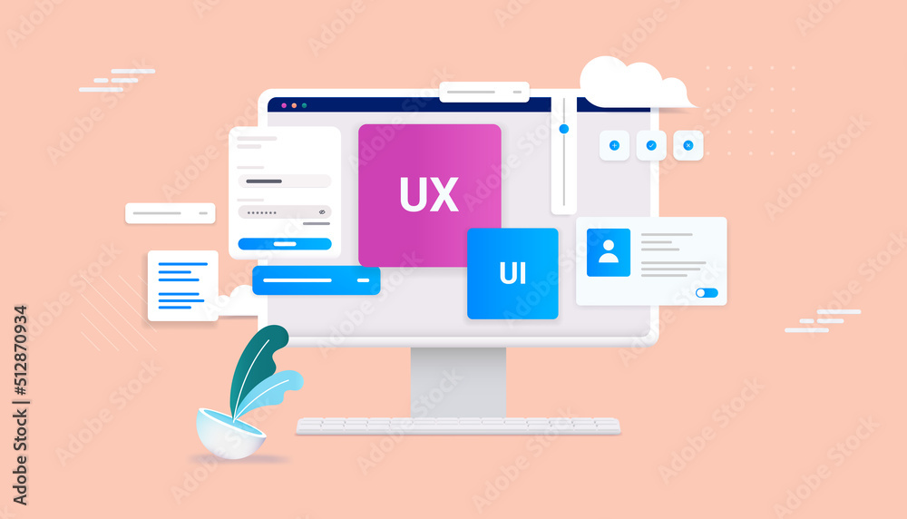 Ux and Ui development - Desktop computer with web design elements in decorative vector illustration