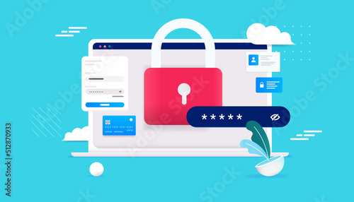 Computer security - Laptop with password protection and pad lock, online safety concept, vector illustration