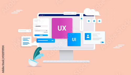 Ux and Ui development - Desktop computer with web design elements in decorative vector illustration