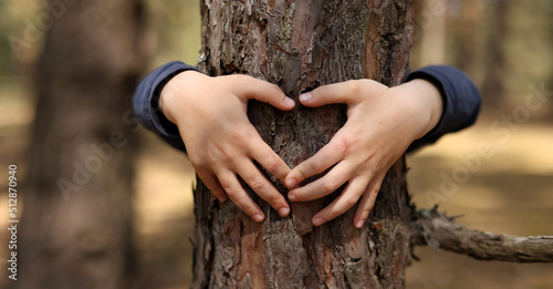 Child hug a tree in forest. Concept of global problem of carbon dioxide and global warming.Child's hands making a heart shape on a tree trunk. Love of nature. Hands around the trunk of a tree.