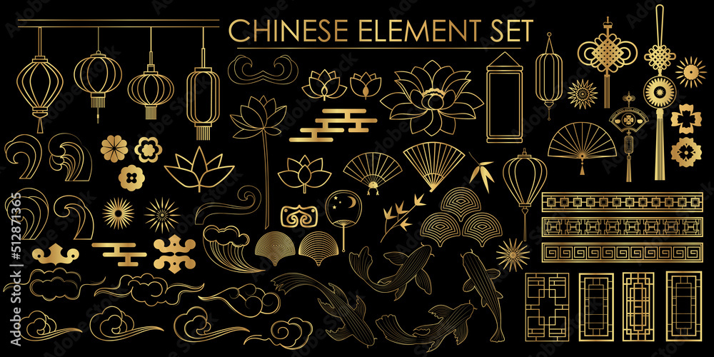 Vector set of Chinese traditional elements. Elements of decor, ornament, culture of China in golden color. Line art style.