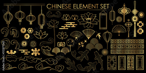 Vector set of Chinese traditional elements. Elements of decor, ornament, culture of China in golden color. Line art style.