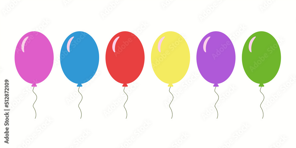 Bunch of balloons for birthday and party. Flying ballon with rope. Blue, red, yellow and green ball isolated on white background. Balloon in cartoon style for celebrate and party