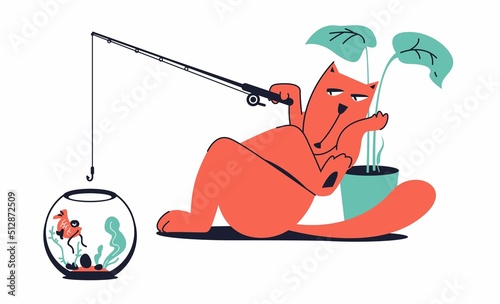 Illustration for a poster or postcard with a cat fishing in an aquarium. A red-haired cat fishes a disgruntled fish in a round aquarium, leaning on a houseplant. Funny illustration in cartoon style.