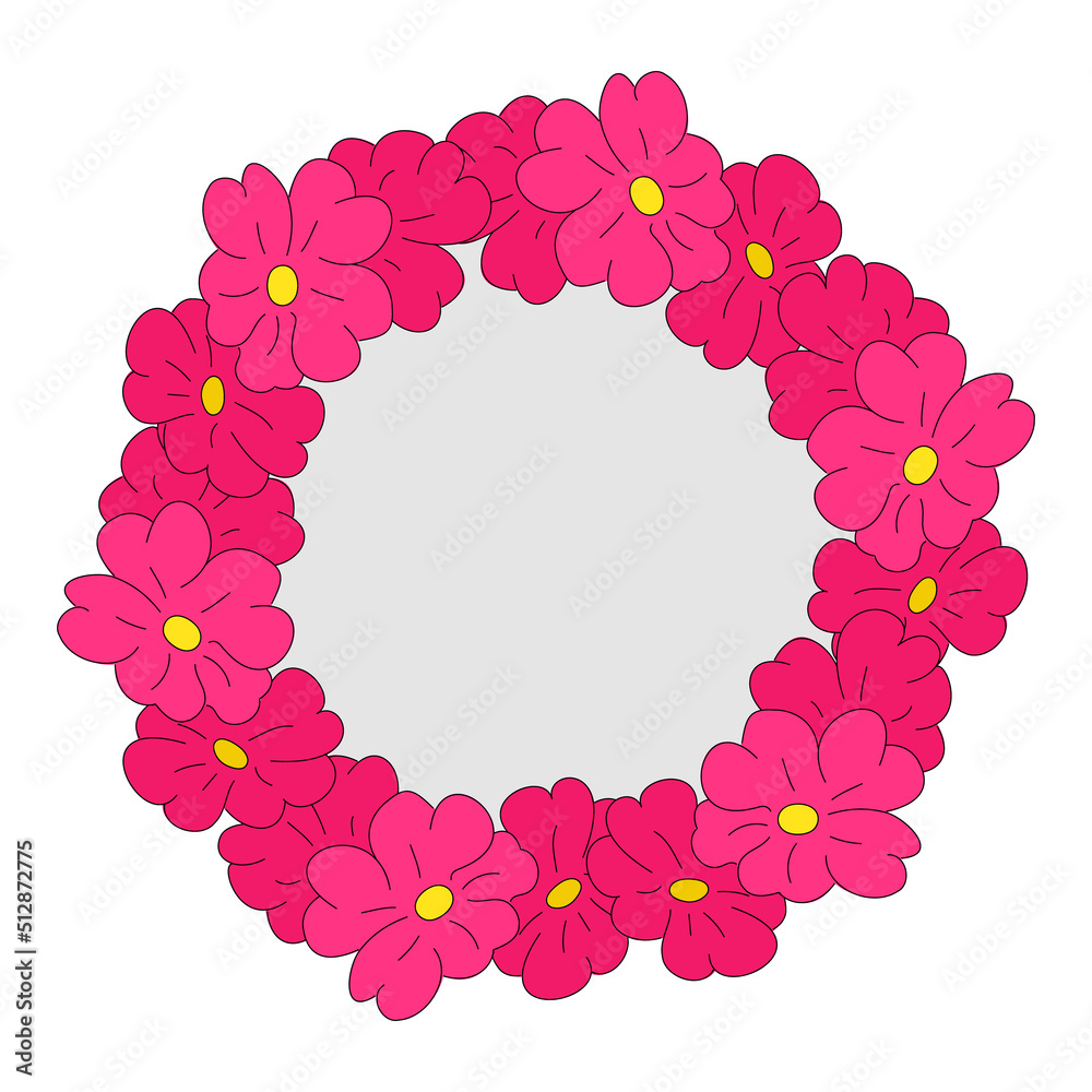 Isolated illustration of a wreath of pink flowers. Style doodle. Vector illustration