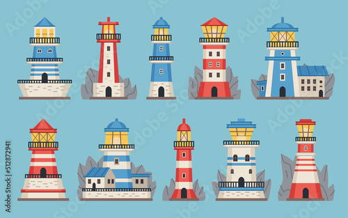 Beacon building. Lighthouses with searchlight, marine navigation coastline towers with a floodlight on coast for maritime navigation red or blue with white stripes. Searchlight guide, navigation