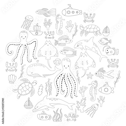 Set of doodles of animals and plants of the underwater world for coloring. Vector illustration of corals and boats. Collection of sea fish in outline