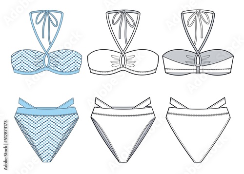 Girl's Swimsuit fashion technical drawing template.  Women's Swimwear fashion design, blue Swimsuit, fashion concept.