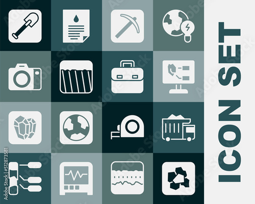Set Gold nugget, Mining dump truck, Soil analysis, Pickaxe, Ground, Photo camera, Shovel and Briefcase icon. Vector