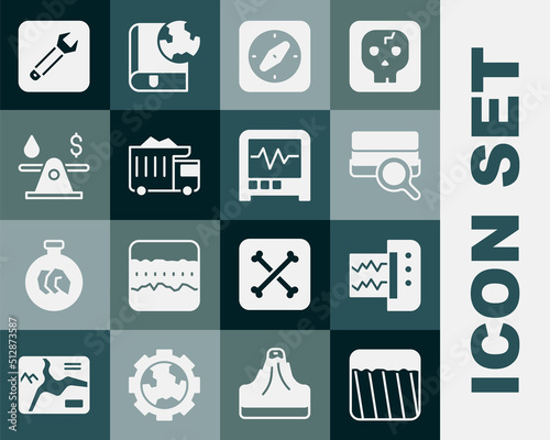 Set Ground, Seismograph, Soil analysis, Compass, Mining dump truck, Oil money, Wrench spanner and icon. Vector