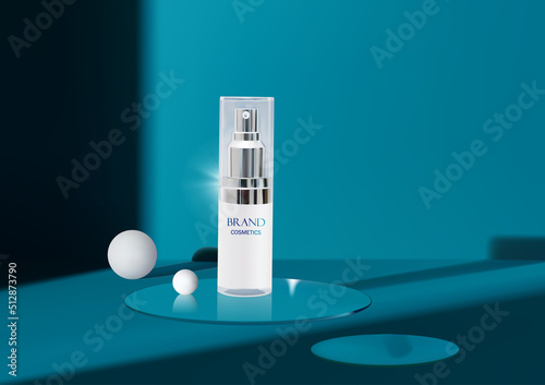Luxury cosmetic bottle serum on mirror with white ball and blue background . Hyaluronic acid cosmetics product mock up