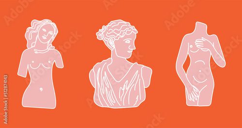 Abstract silhouette of ancient Greek three sculptures surreal and antique style. Contour hand-drawn vector illustration of modern statues in a fashionable style. Collection of stickers, poster, banner