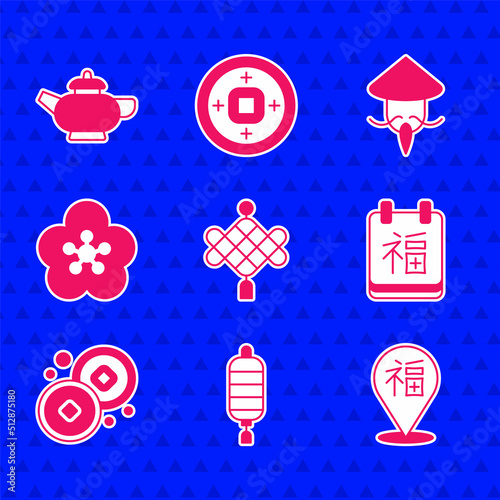Set Chinese paper lantern, New Year, Yuan currency, Lotus flower, Asian or conical straw hat and tea ceremony icon. Vector