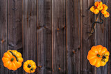 Halloween pumpkin spider flatlay on brown wood background