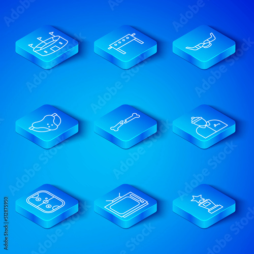 Set line Air hockey table, Human broken bone, Retro tv, Hockey coach, Ice sticks and puck, Protective sport jockstrap, stadium and Award cup icon. Vector