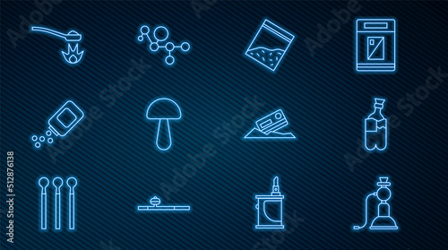 Set line Hookah, Bong for smoking marijuana, Plastic bag of drug, Psilocybin mushroom, Medicine bottle and pills, Heroin spoon, Cocaine credit card and Cannabis molecule icon. Vector
