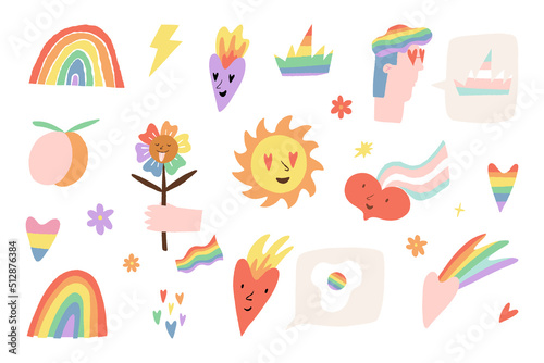 Pride Month stickers. LGBTQ  transgender  nonbinary community flag colored heart  rainbow  character  flower  fried eggs