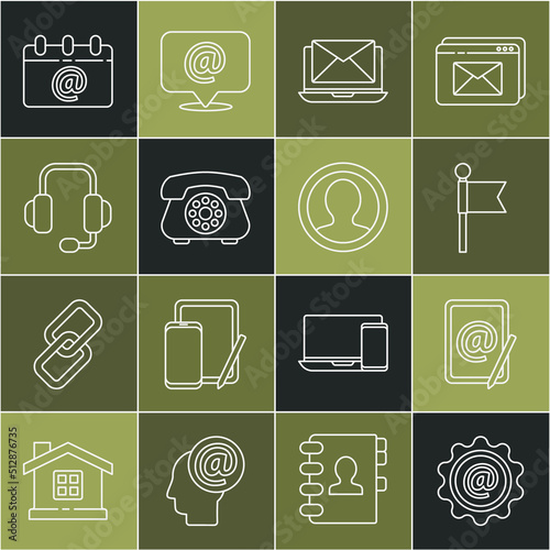 Set line Mail and e-mail, Location marker, Laptop with envelope, Telephone, Headphones, Calendar email and Create account screen icon. Vector