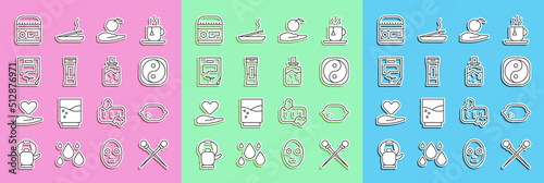 Set line Knitting needles, Lemon, Yin Yang, Apple hand, Bottle of shampoo, Leaf document, Cream or lotion cosmetic tube and Spa salt icon. Vector