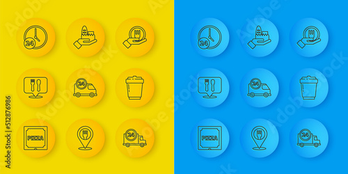Set line Pizza in cardboard box, Cafe and restaurant location, Fast delivery by, Coffee cup to go, Clock 24 hours, Online ordering and icon. Vector
