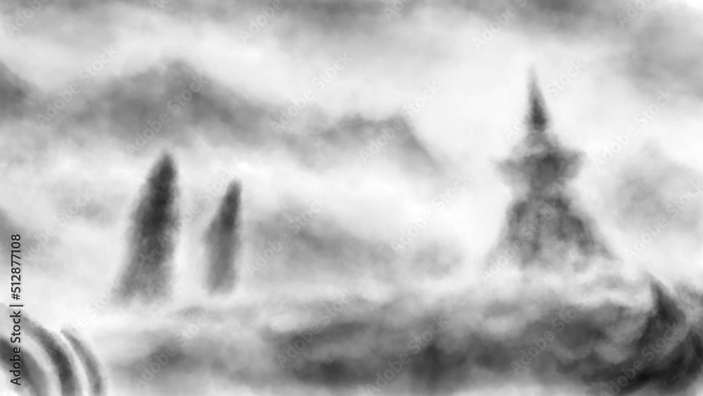 Two people walking on scorched earth. Gloomy silhouettes. Dead lands with ruins spooky illustration. Horror fantasy genre. Gloomy character from nightmares. Coal noise effect. Black white background.