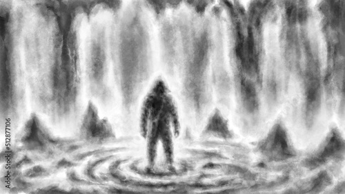 Fotografija One hooded man stands inside cave