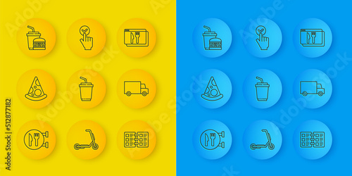 Set line Cafe and restaurant location, Slice of pizza, Paper glass with water, Restaurant cafe menu, Fast delivery by car, burger, Online ordering and icon. Vector