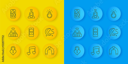 Set line Castle in the shape of a heart, Couple love, Mobile with, Love magnet, Moon and stars, Dating app online, Diamond engagement ring and icon. Vector