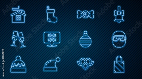 Set line Christmas shopping bag, Ski goggles, Candy, Snowflake speech bubble, Glass of champagne, Merry house, ball and stocking icon. Vector