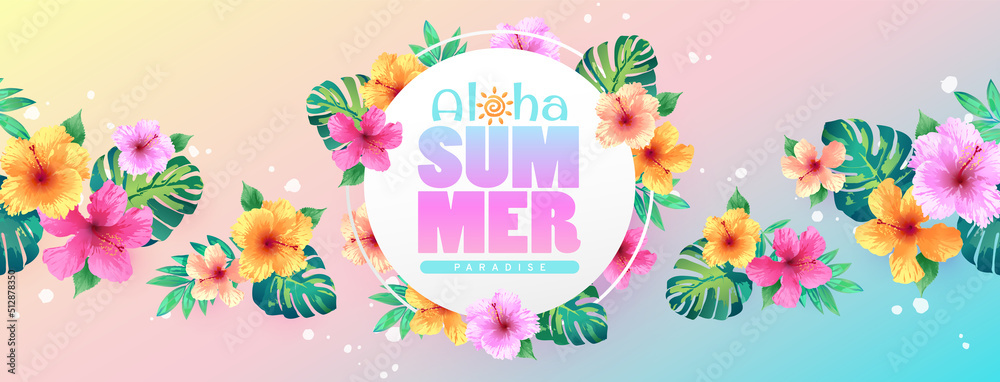 Aloha summer paradise banner decorated with hibiscus flowers and tropical leaves on multicolor background. Template for fashion ads, horizontal poster and social media