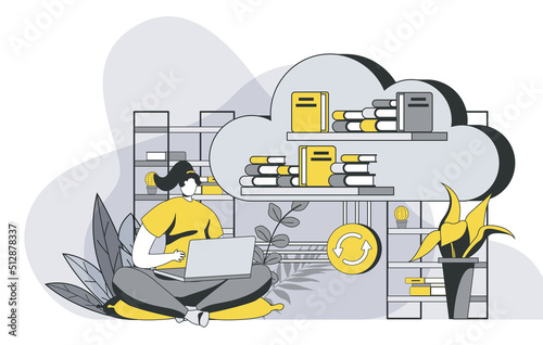 Cloud library concept with outline people scene. Woman reads e-books on laptop using cloud technologies. Online education and e-learning. Illustration in flat line design for web template