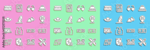 Set line Plane, Airline ticket, Heart shaped love glasses, Surfboard, Elegant women hat, Hotel room bed and Egypt pyramids icon. Vector