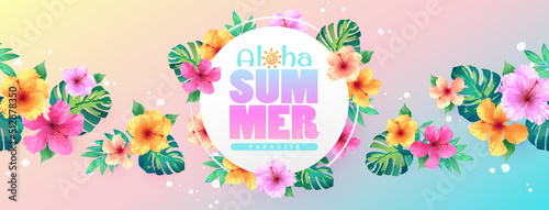 Aloha summer paradise banner decorated with hibiscus flowers and tropical leaves on multicolor background. Template for fashion ads  horizontal poster and social media