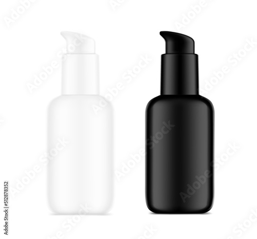 White and black airless pump bottle mockup. Vector illustration isolated on white background. Сan be used for cosmetic, medical and other needs. Symmetrical lighting scheme. EPS10.	