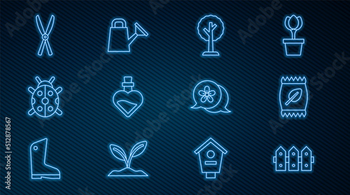 Set line Garden fence wooden, Fertilizer bag, Forest, Bottle with love potion, Ladybug, Gardening handmade scissors, Flower and Watering can icon. Vector