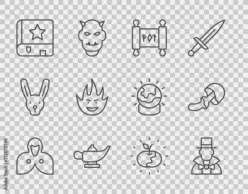 Set line Mantle, cloak, cape, Magician, scroll, lamp or Aladdin, Ancient magic book, Fire flame, Poison apple and Psilocybin mushroom icon. Vector