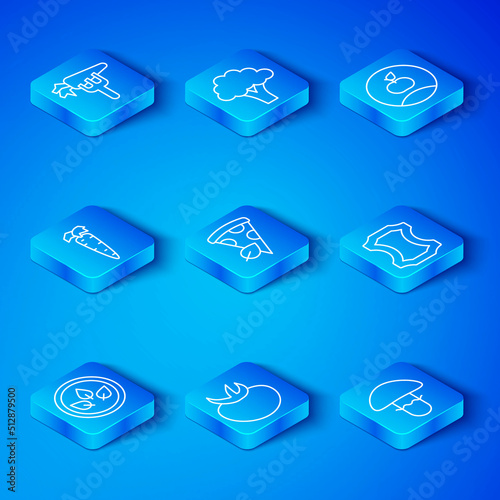Set line Vegan food diet, pizza slice, Tomato, Leather, Apple, Carrot, and Mushroom icon. Vector