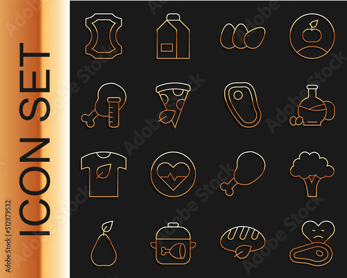 Set line Steak meat, Broccoli, Bottle of olive oil, Chicken egg, Vegan pizza slice, Genetically modified chicken, Leather and icon. Vector