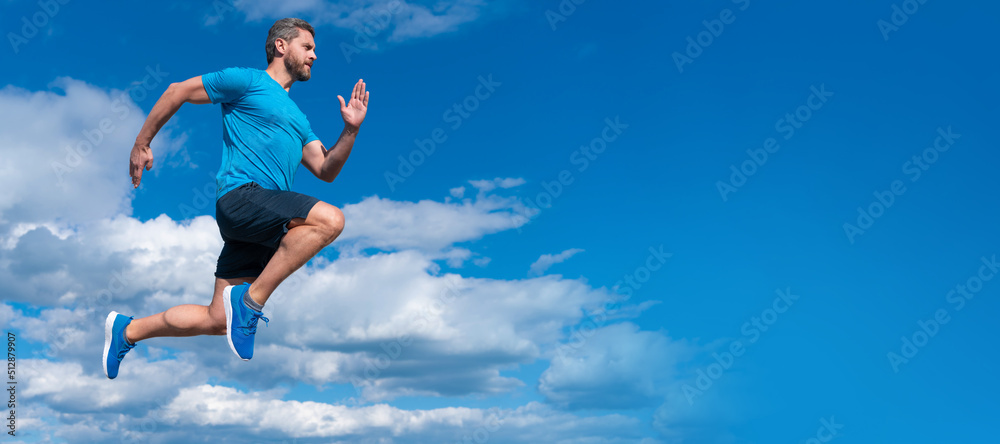 Man jumping, banner with copy space. young and free. sprinter. sport athlete run fast to win. workout activity. Man jumping, banner with copy space. young and free. sprinter. sport athlete run fast to win. workout activity.