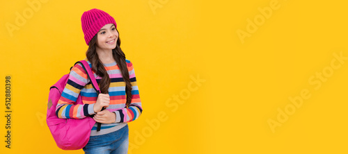 teenager student ready to study. child pupil. smiling teen girl carry backpack. back to school. Banner of schoolgirl student. School child pupil portrait with copy space.