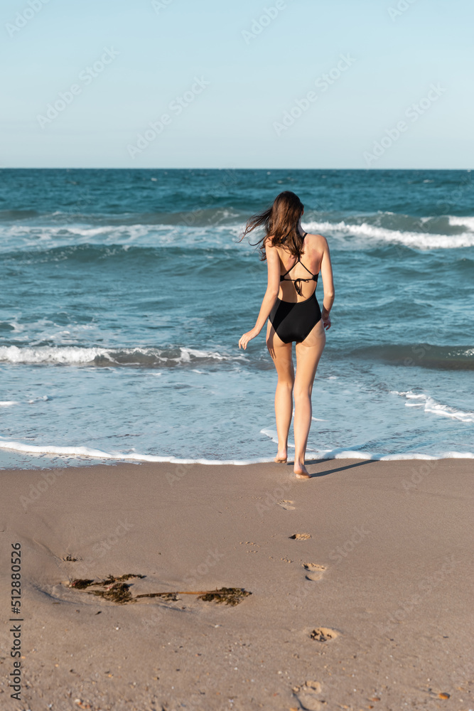 back view of brunette woman in black swimwear walking into sea. back view of brunette woman in black swimwear walking into sea.