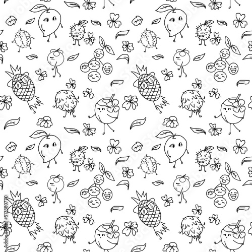 Thai fruits seamless pattern on a isolate white  background.  sketch for coloring. Coloring antistress.Doodle illustration freehand drawing.Texture to decorate   wallpaper .food concept.