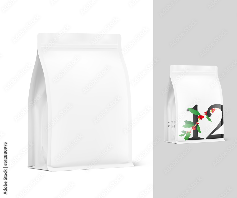 Vertical bag mockup. Vector illustration. Isometric view with sample design. Perfect for the presentation of coffee, food, for pets, household, etc. Vertical bag mockup. Vector illustration. Isometric view with sample design. Perfect for the presentation of coffee, food, for pets, household, etc.