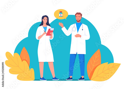 Healthcare professionals, a doctor and a nurse talk about medicine and treatment